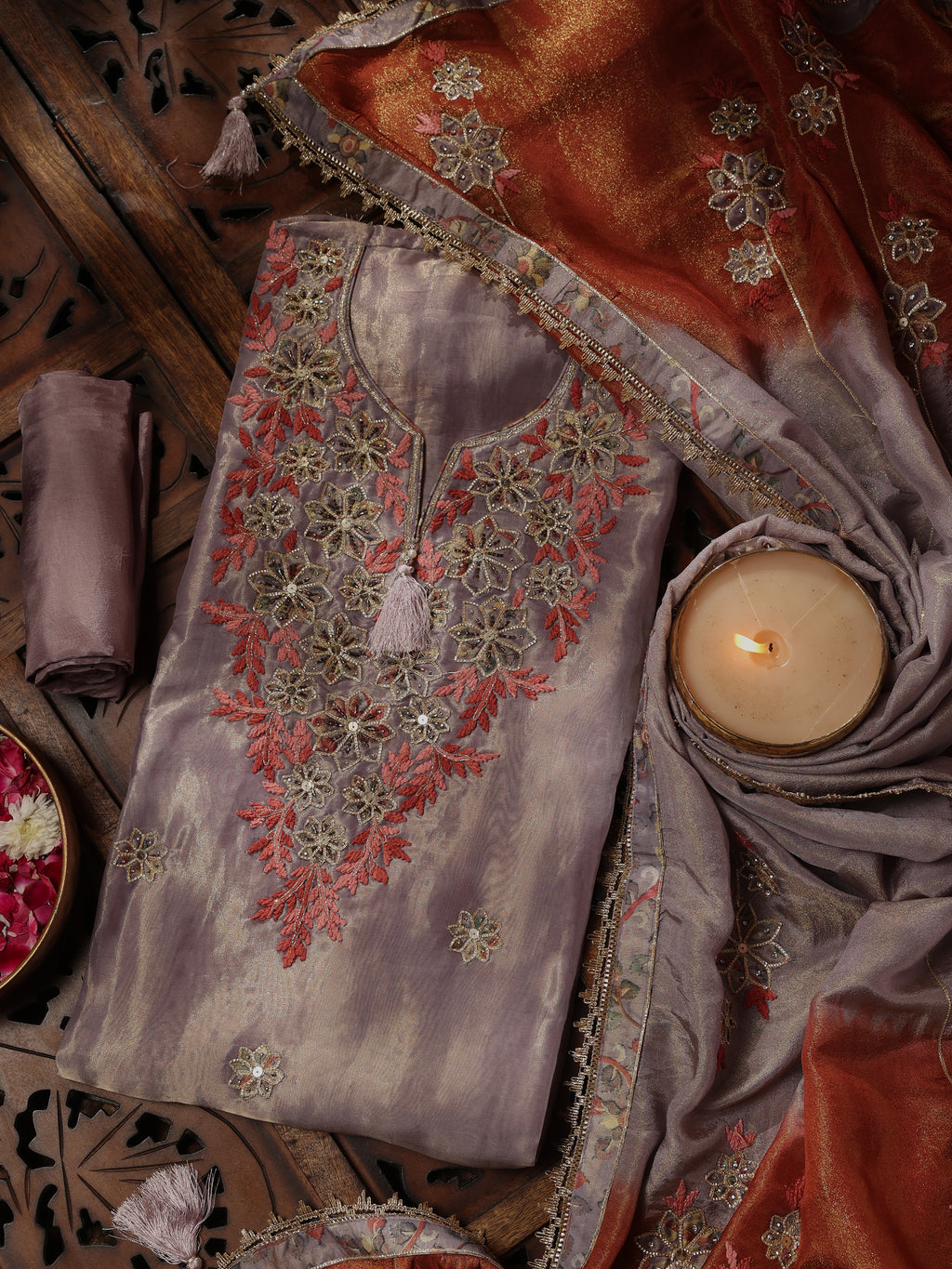 Rust & Mauve Floral Embroidered Unstitched Suit Set