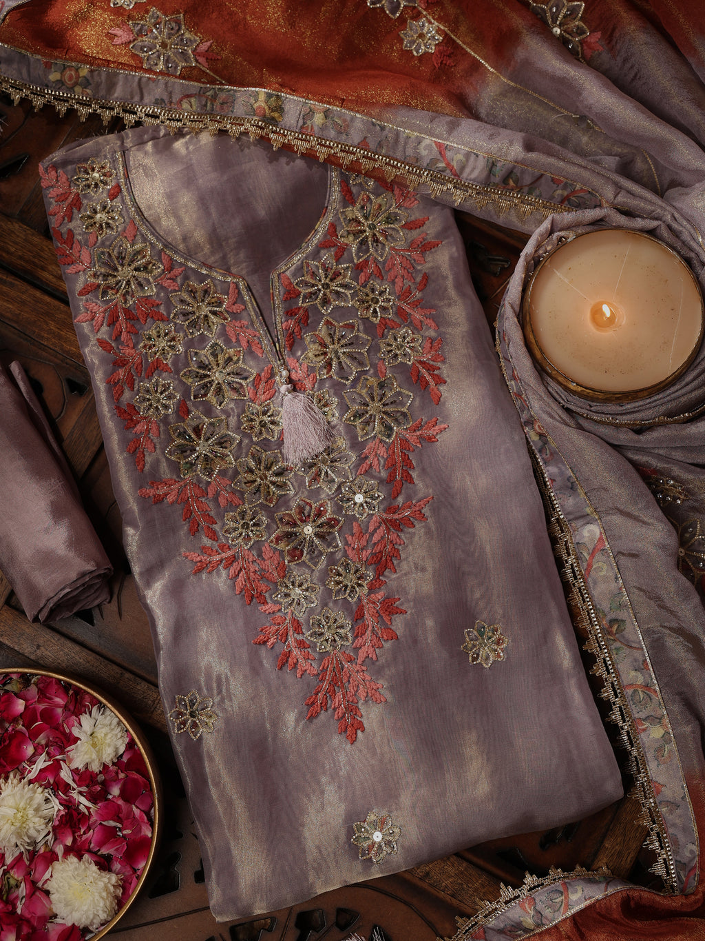 Rust & Mauve Floral Embroidered Unstitched Suit Set
