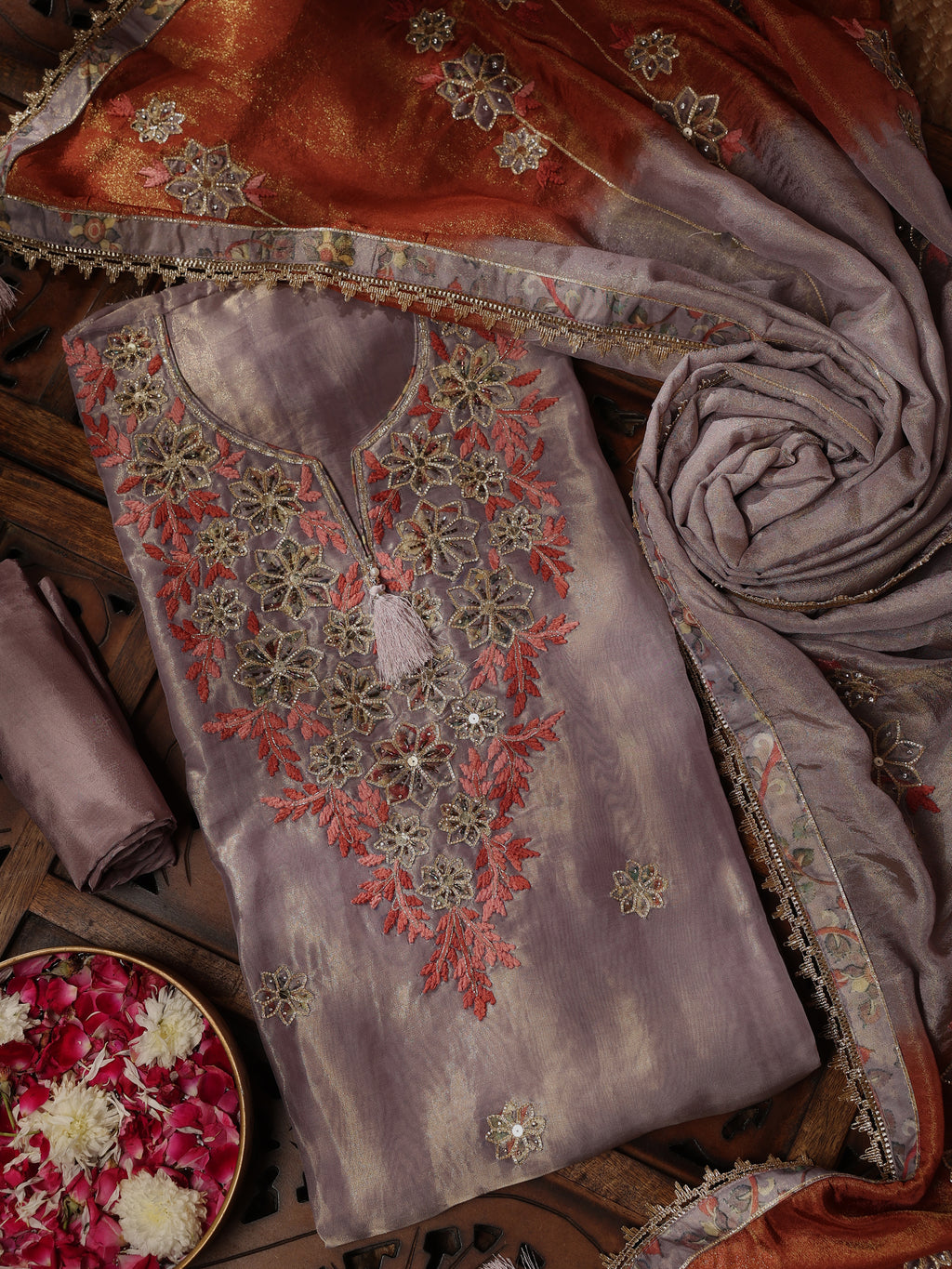 Rust & Mauve Floral Embroidered Unstitched Suit Set
