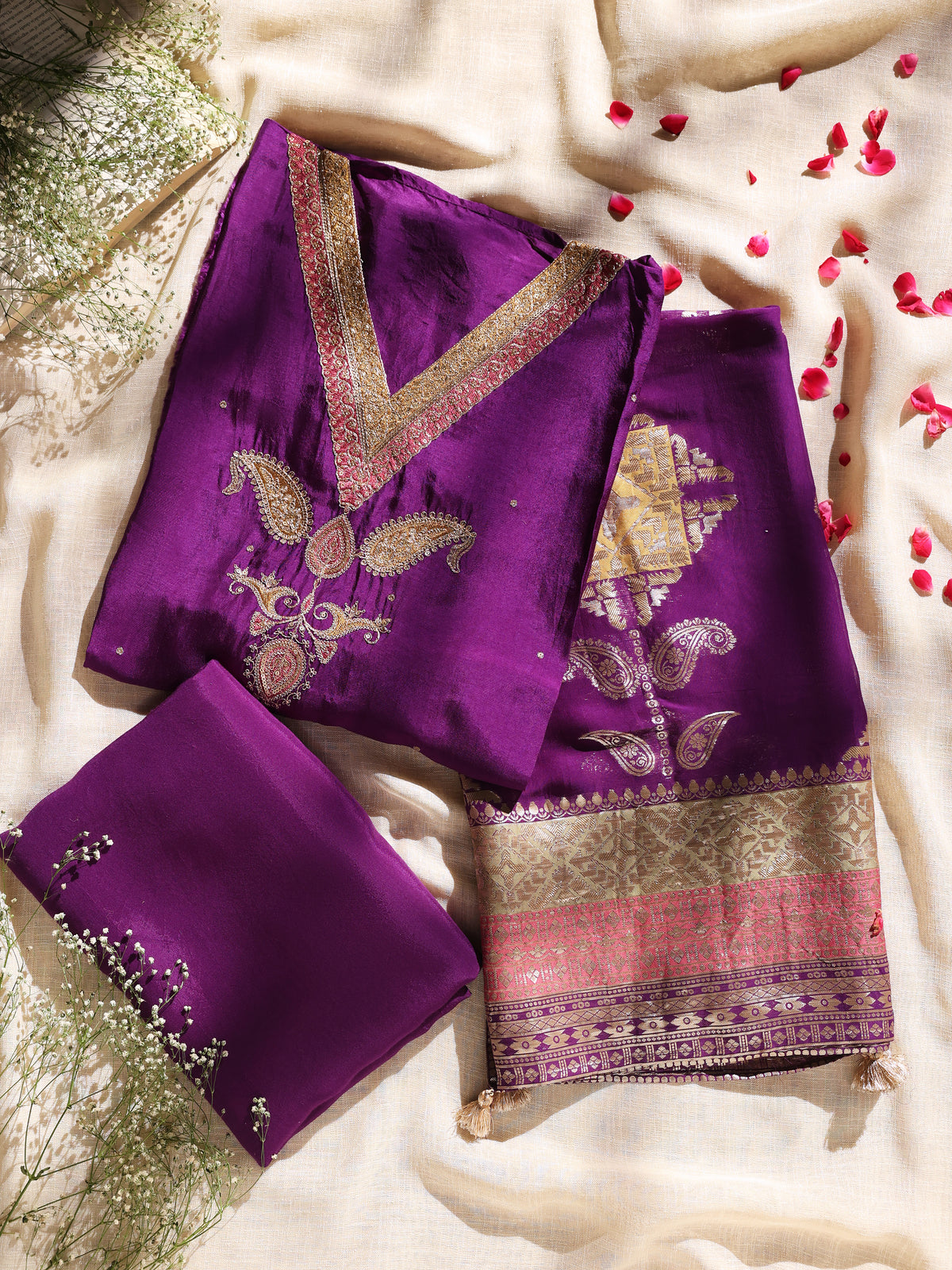 Royal Purple Embroidered Unstitched Suit Set with Dupatta
