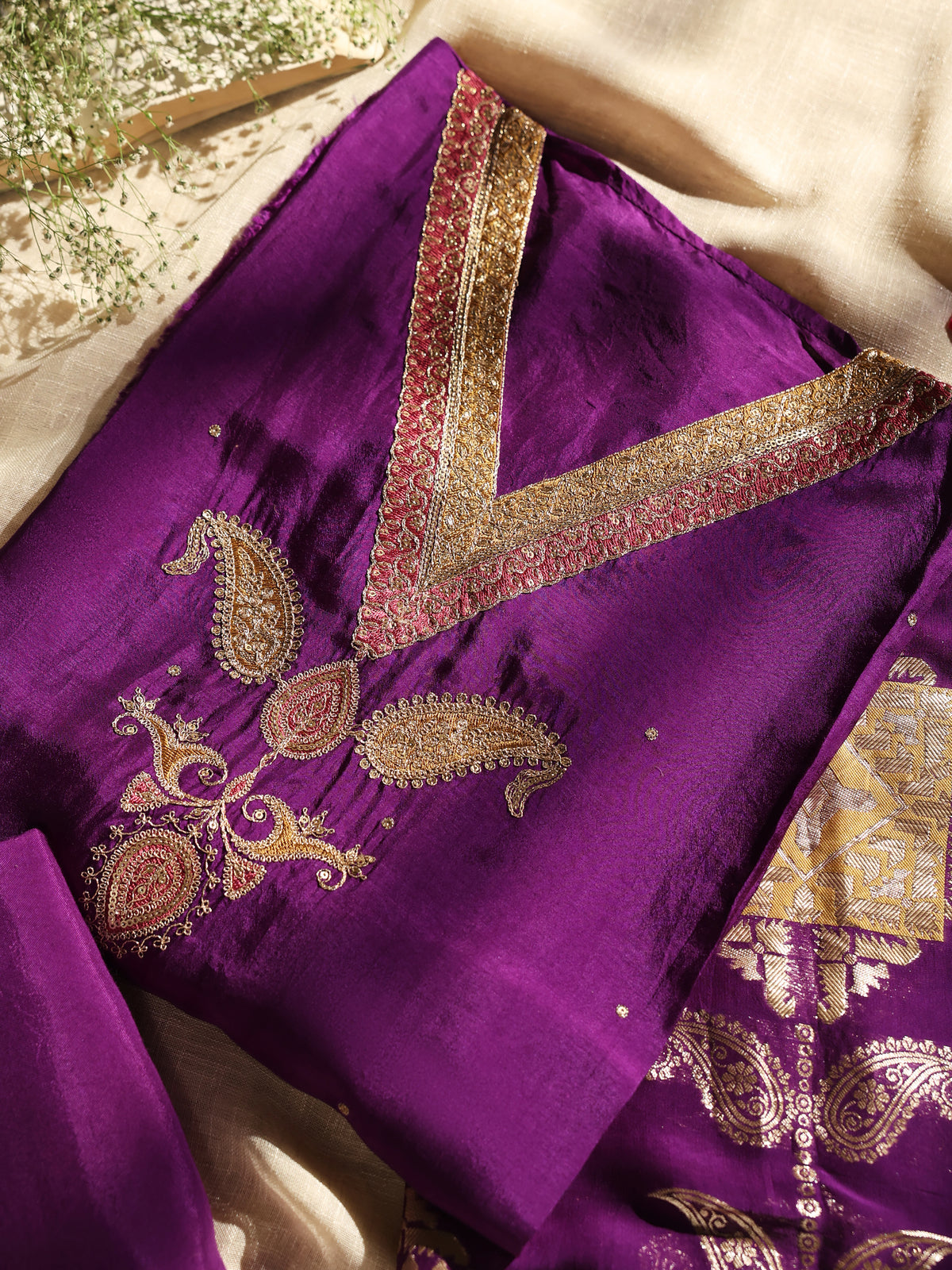 Royal Purple Embroidered Unstitched Suit Set with Dupatta