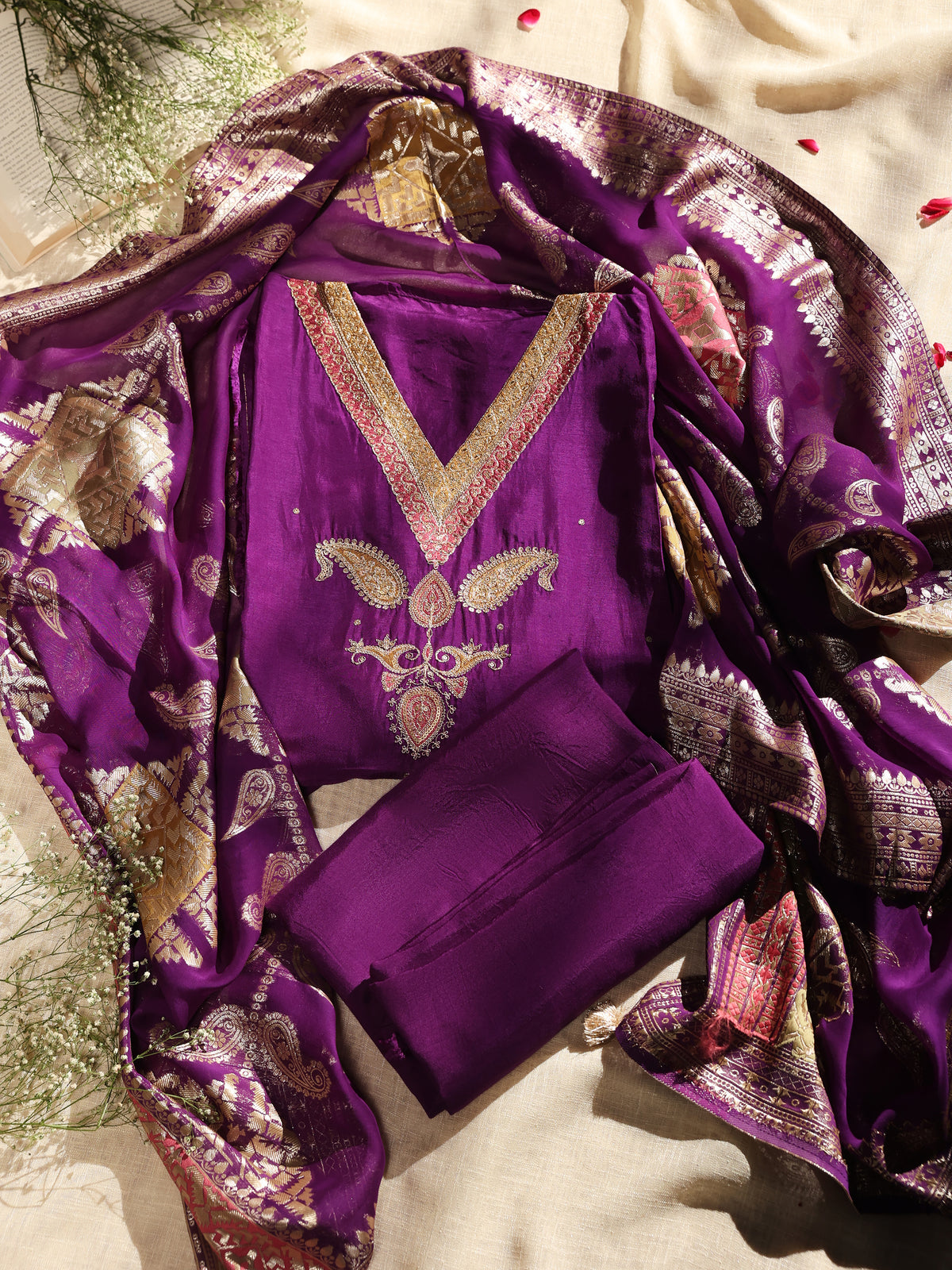 Royal Purple Embroidered Unstitched Suit Set with Dupatta