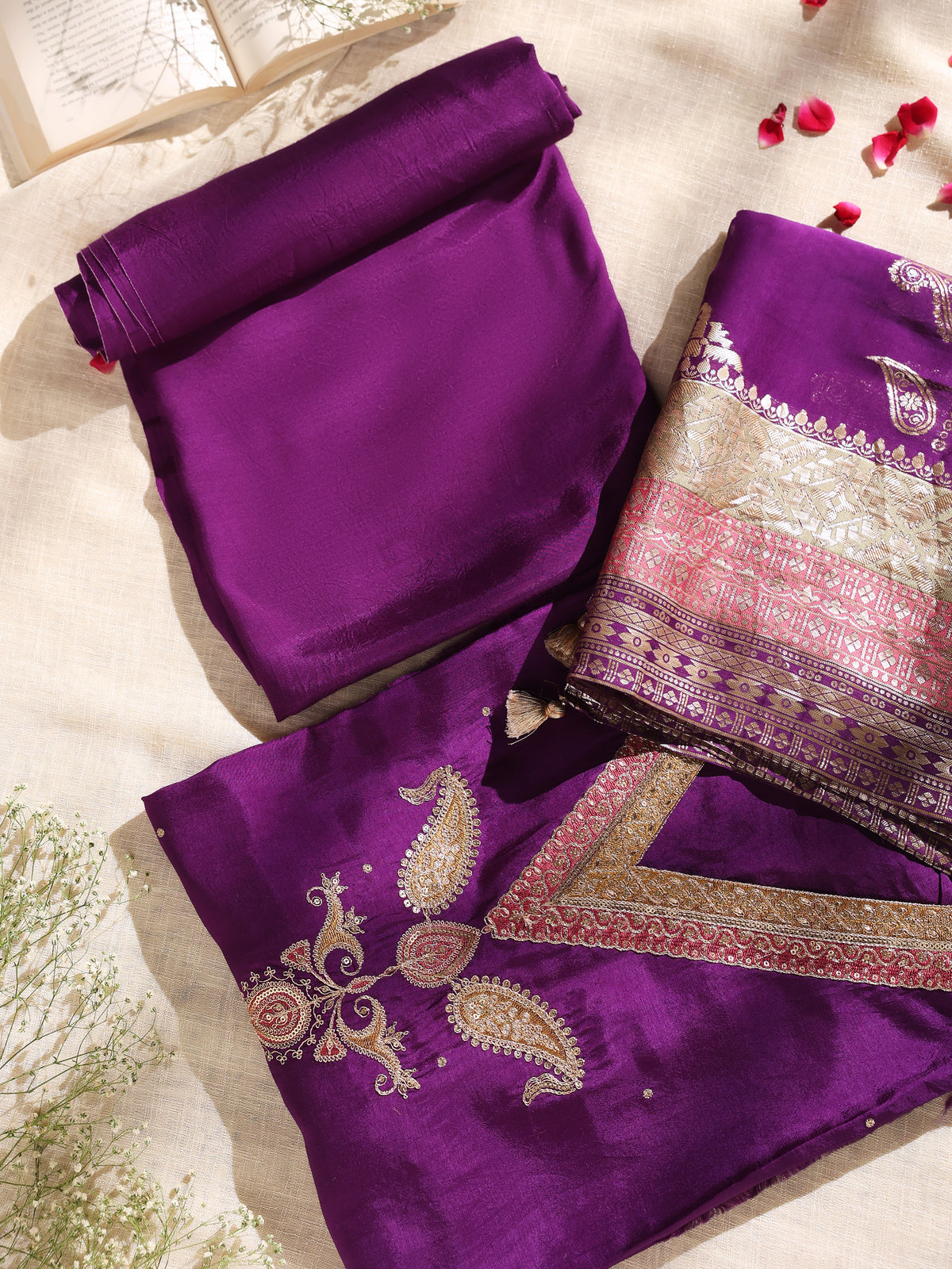 Royal Purple Embroidered Unstitched Suit Set with Dupatta