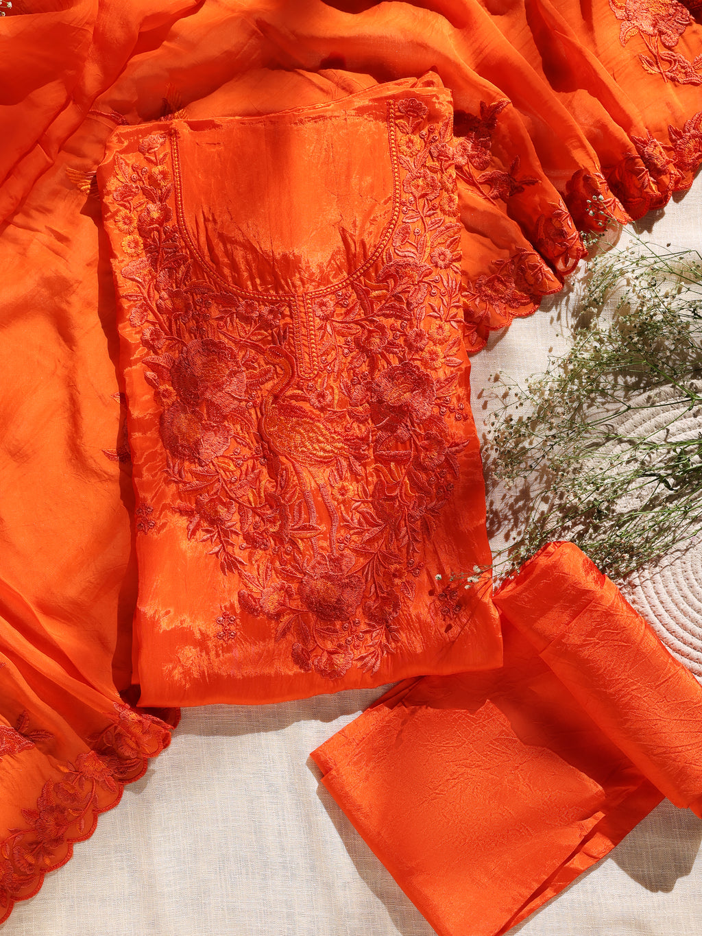 Orange Floral Thread Embroidered Unstitched Suit Set with Dupatta