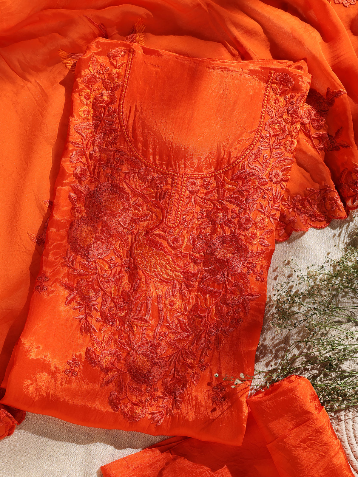 Orange Floral Thread Embroidered Unstitched Suit Set with Dupatta