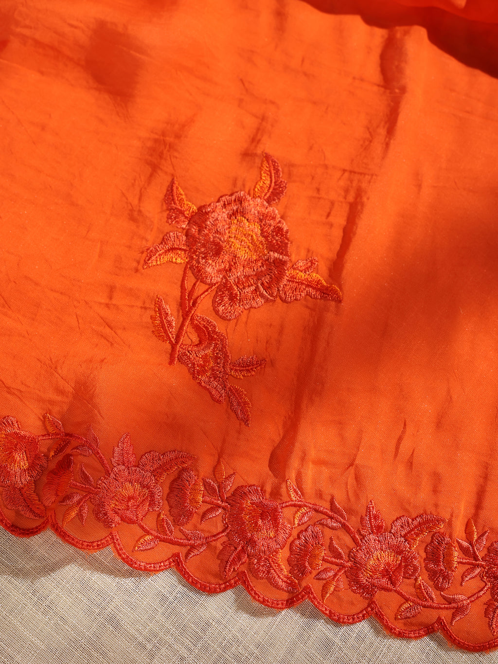 Orange Floral Thread Embroidered Unstitched Suit Set with Dupatta