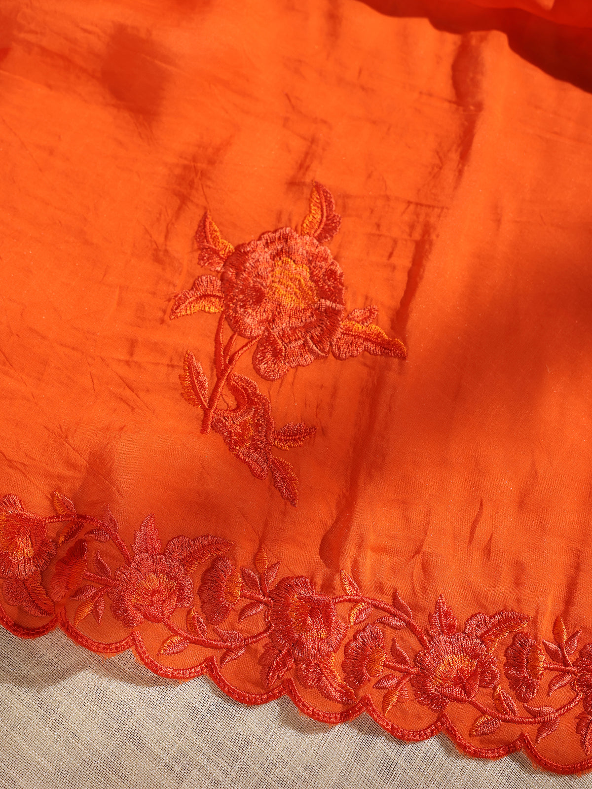 Orange Floral Thread Embroidered Unstitched Suit Set with Dupatta