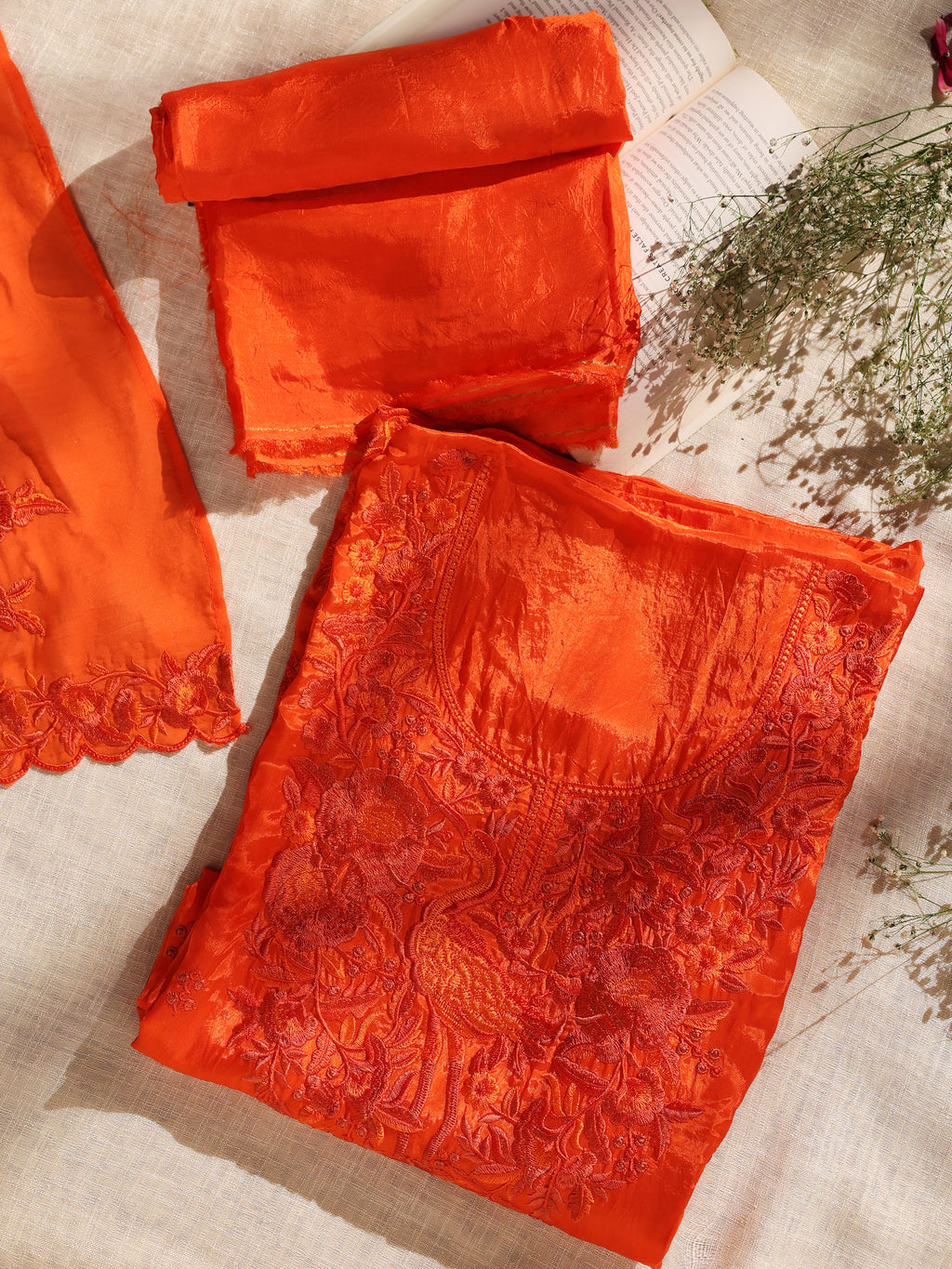 Orange Floral Thread Embroidered Unstitched Suit Set with Dupatta