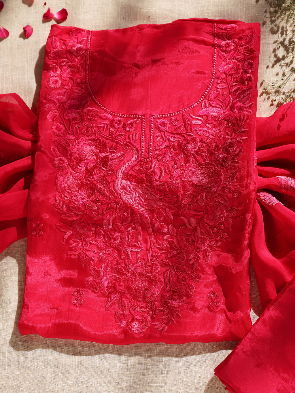 Hot Pink Floral Thread Embroidered Unstitched Suit Set