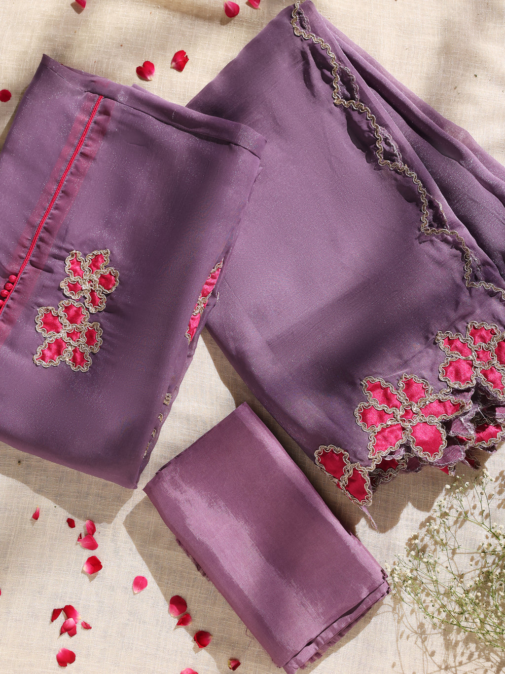 Purple Embroidered Unstitched Suit Set with Dupatta