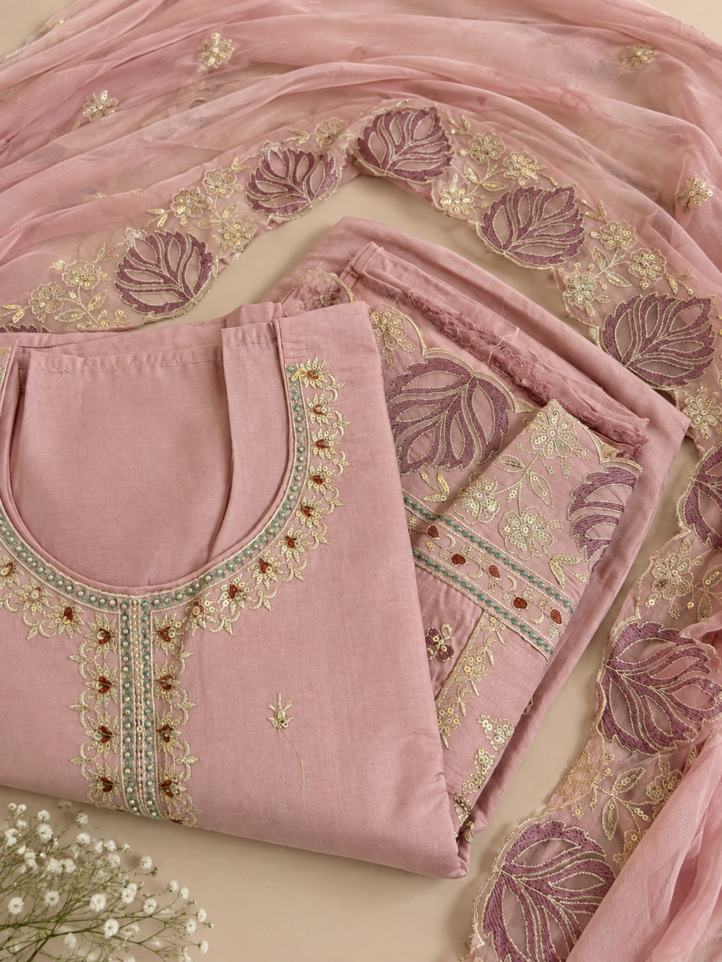 Dusty Pink Embroidered Unstitched Suit Set