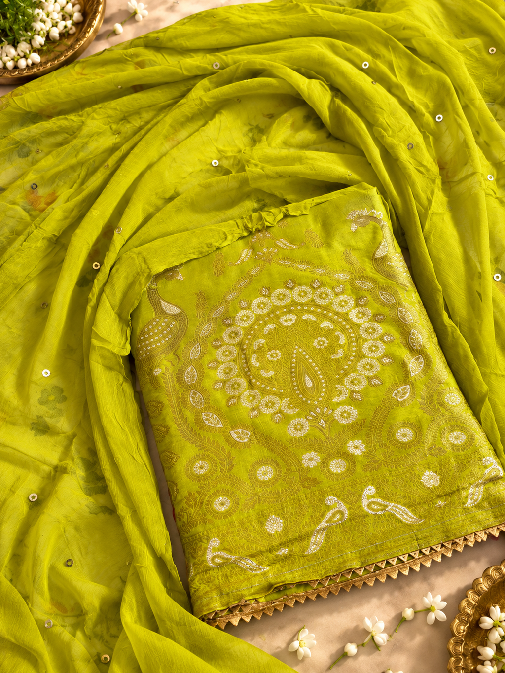 Lime Green Paisley Embroidered Unstitched Suit with Sequined Dupatta