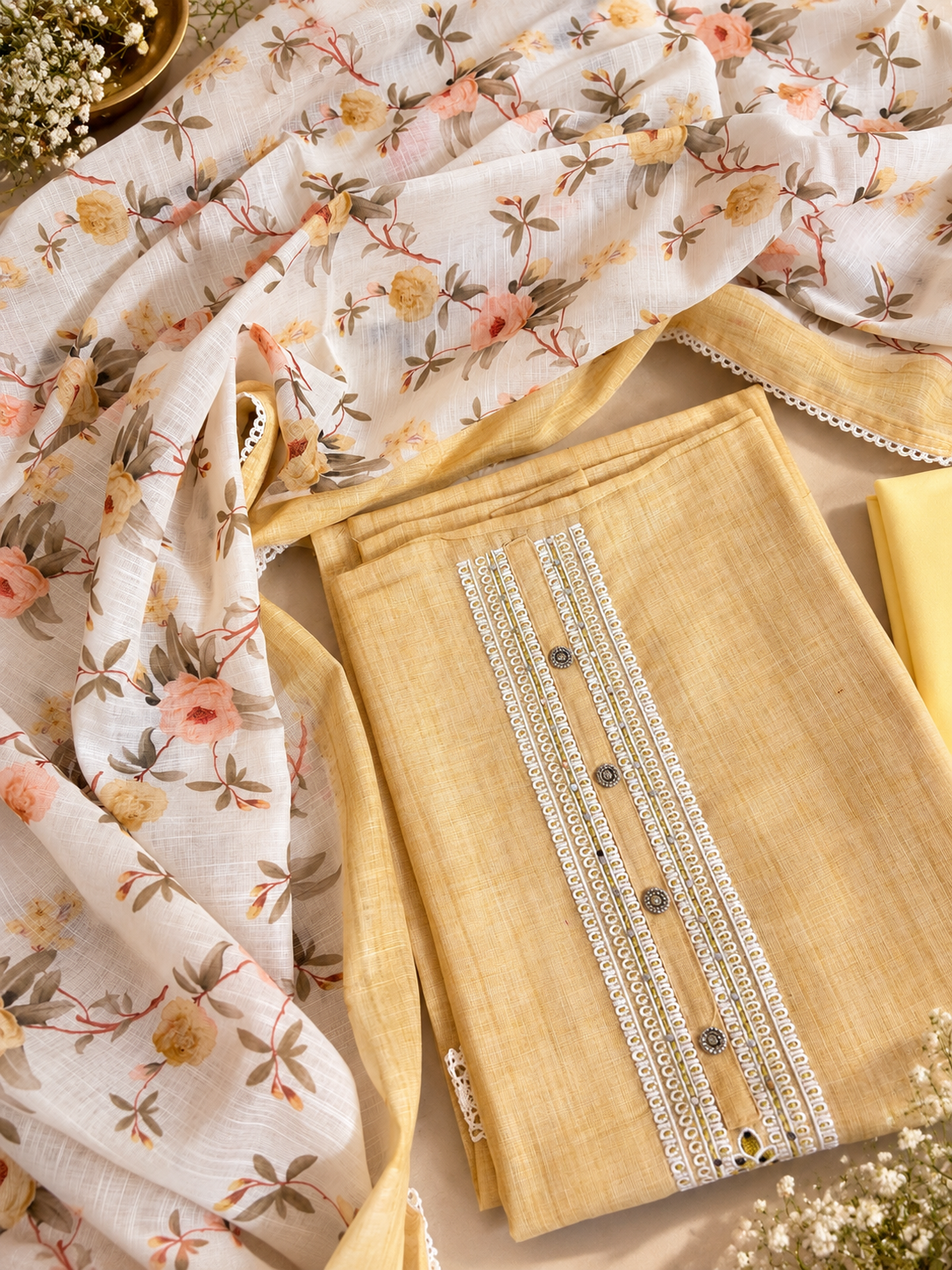Light Yellow Linen Embroidered Unstitched Suit with Floral Dupatta