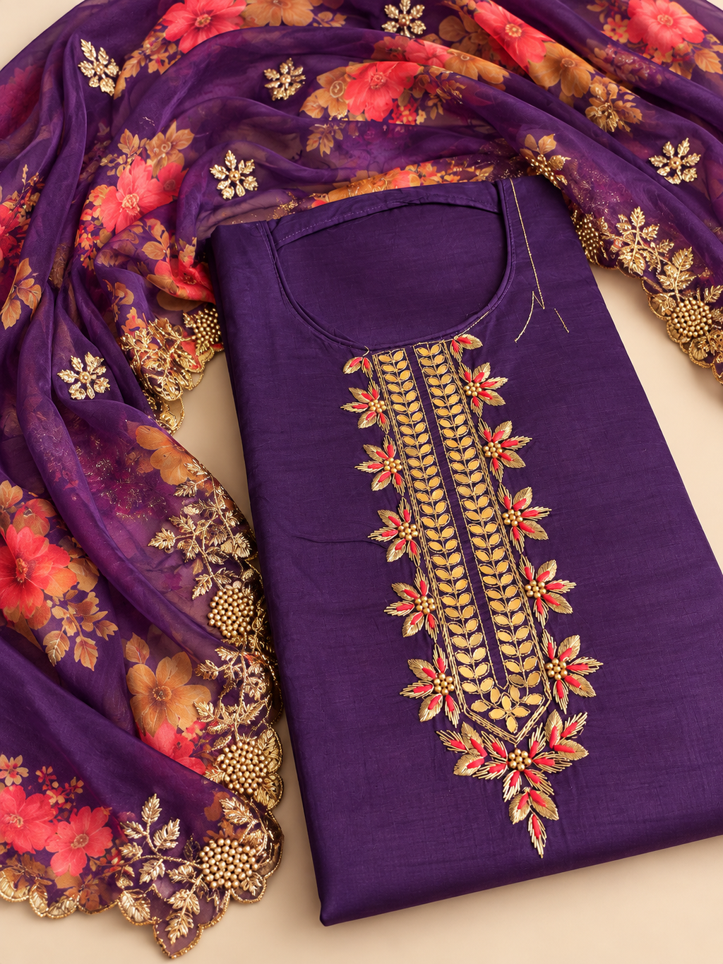 Royal Purple Floral Embroidered Unstitched Suit Set