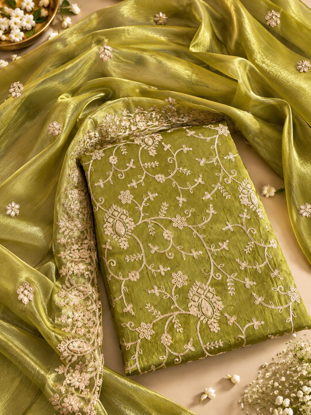 Olive Green Floral Embroidered Suit Set