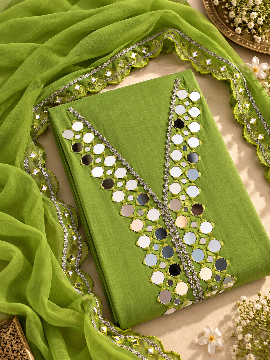Green Mul Cotton Mirror Work Unstitched Suit Set with Dupatta