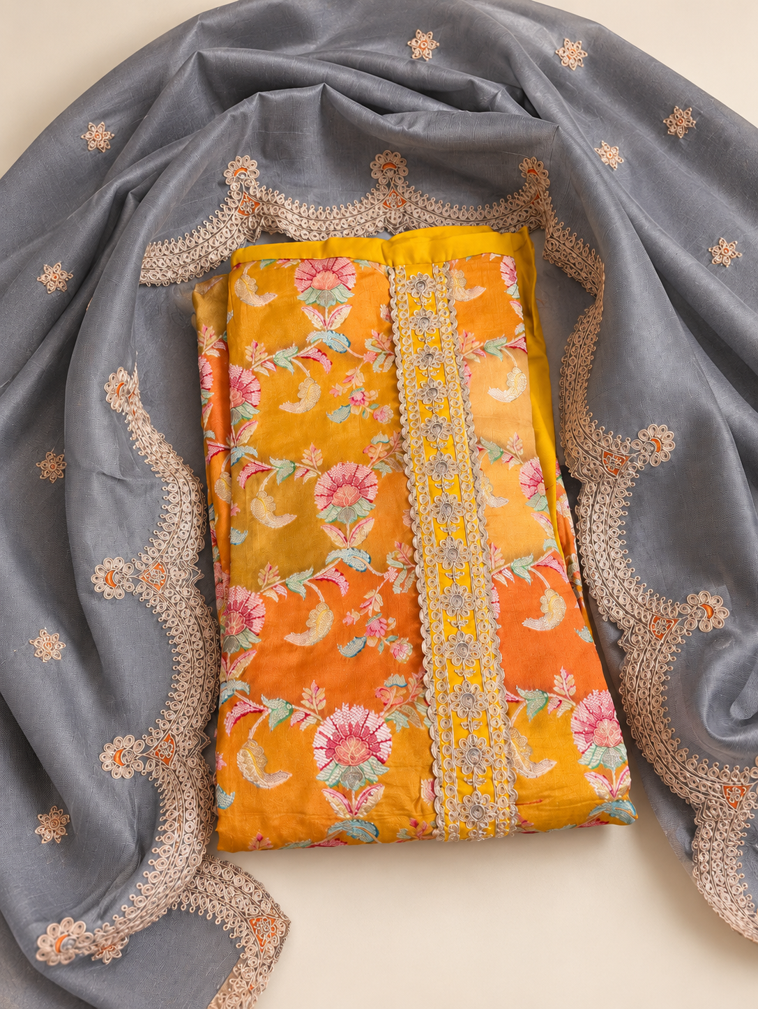 Mustard Floral Embroidered Unstitched Suit with Grey Dupatta