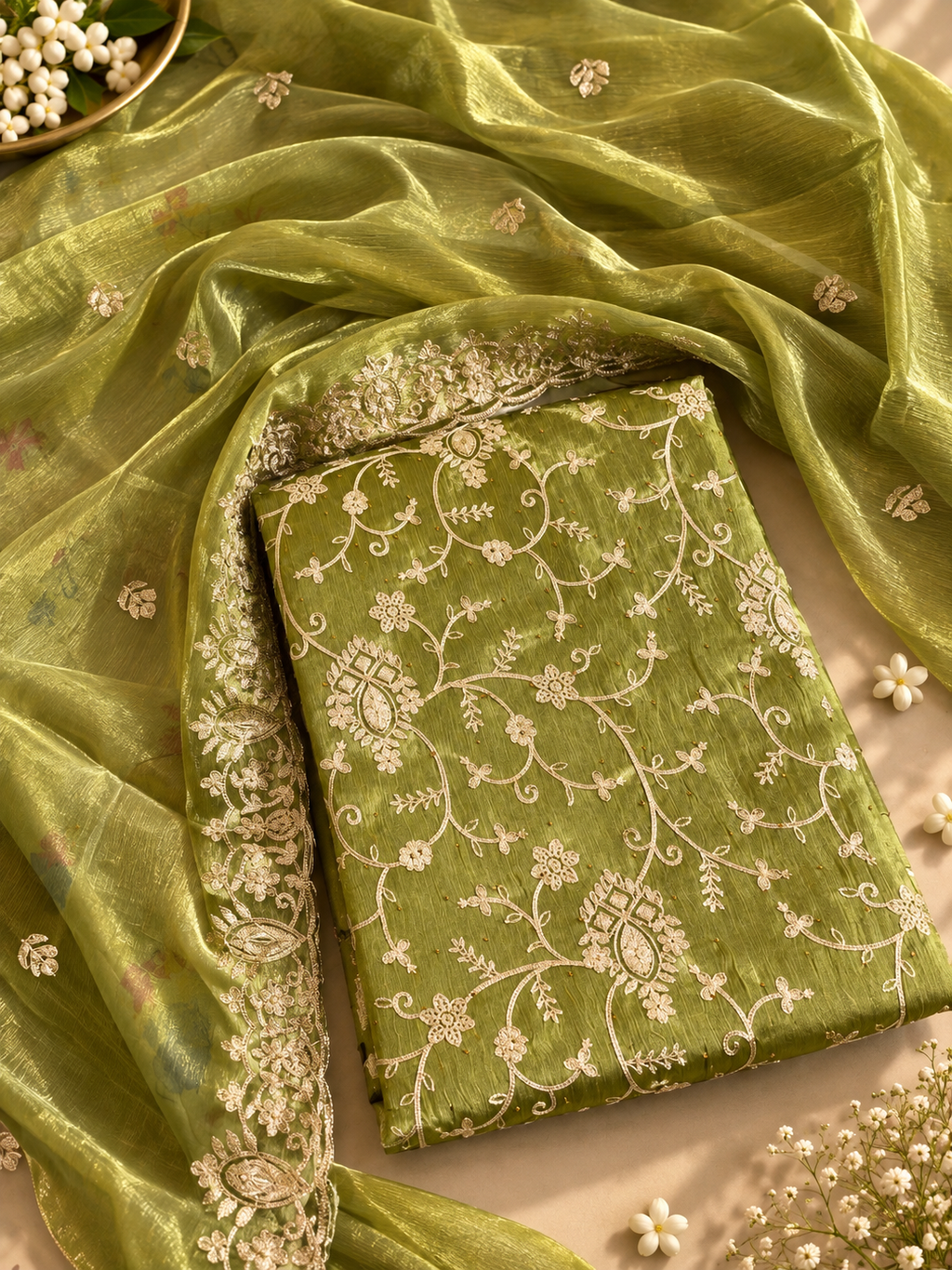 Olive Green Floral Embroidered Suit Set