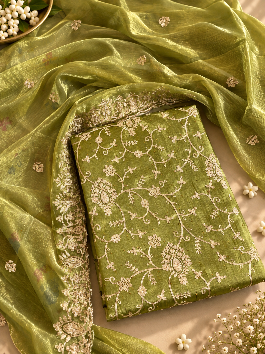 Olive Green Floral Embroidered Suit Set