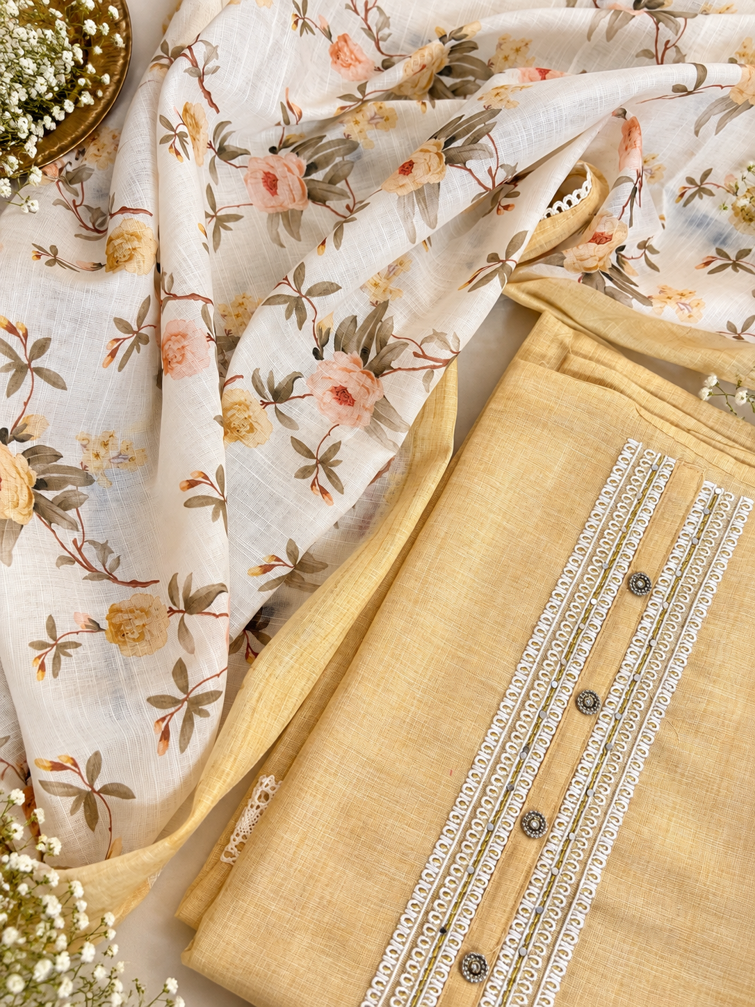 Light Yellow Linen Embroidered Unstitched Suit with Floral Dupatta