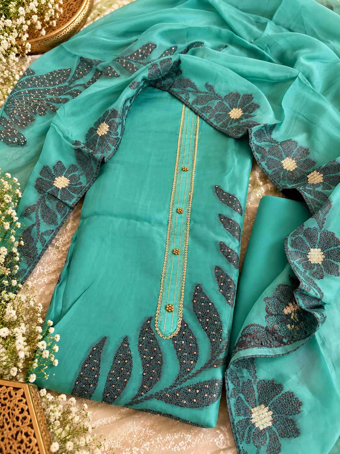 Turquoise Organza Suit Set with Sequin Floral Embroidery