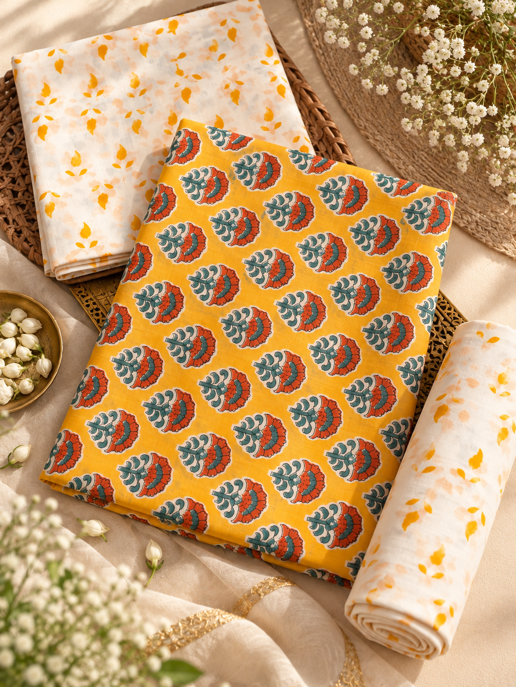 Mustard Yellow Hand Block Print Cotton Unstitched Suit Set – 3 Piece