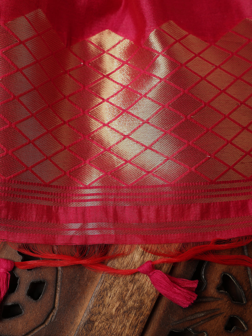 Hot Pink Unstitched Suit Set with Woven Gold Detailing on Kurta & Dupatta