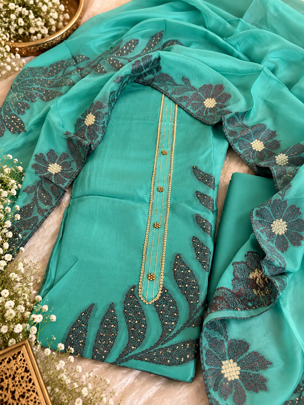 Turquoise Organza Suit Set with Sequin Floral Embroidery