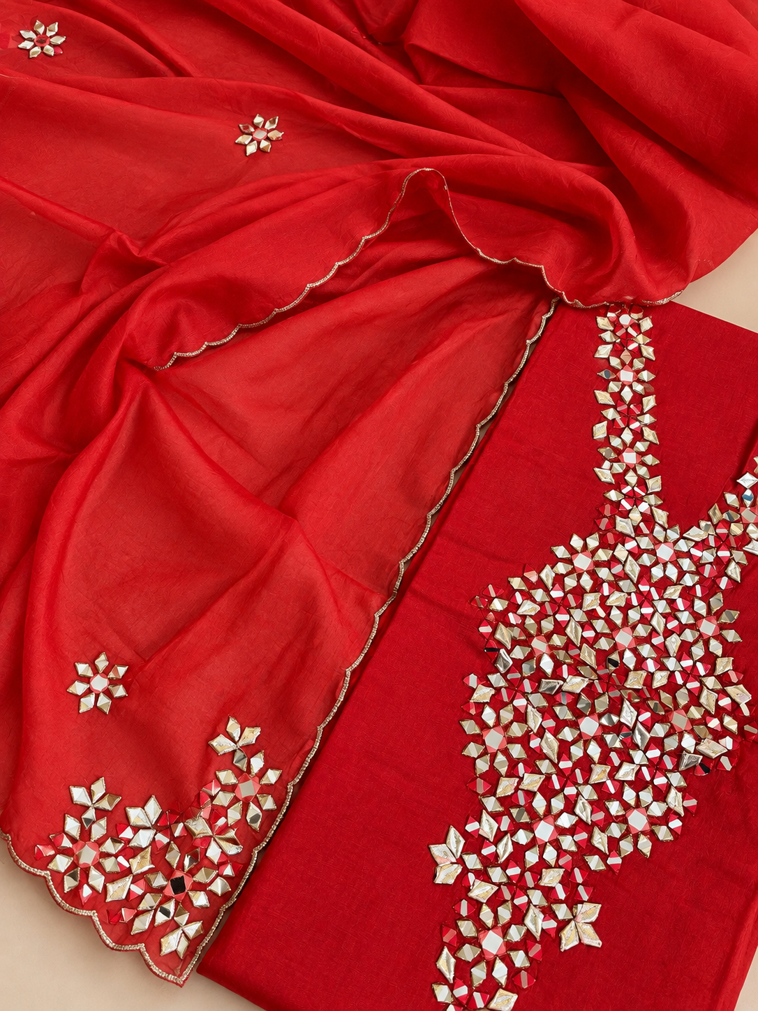 Red Mul Cotton Gota Work Suit Set