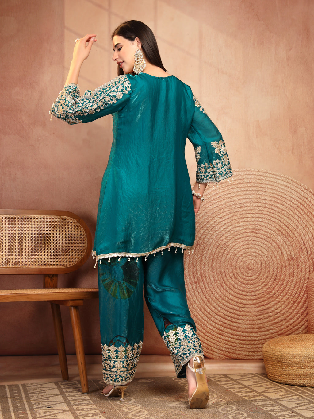 Teal Green Embroidered Silk 2-Piece Set