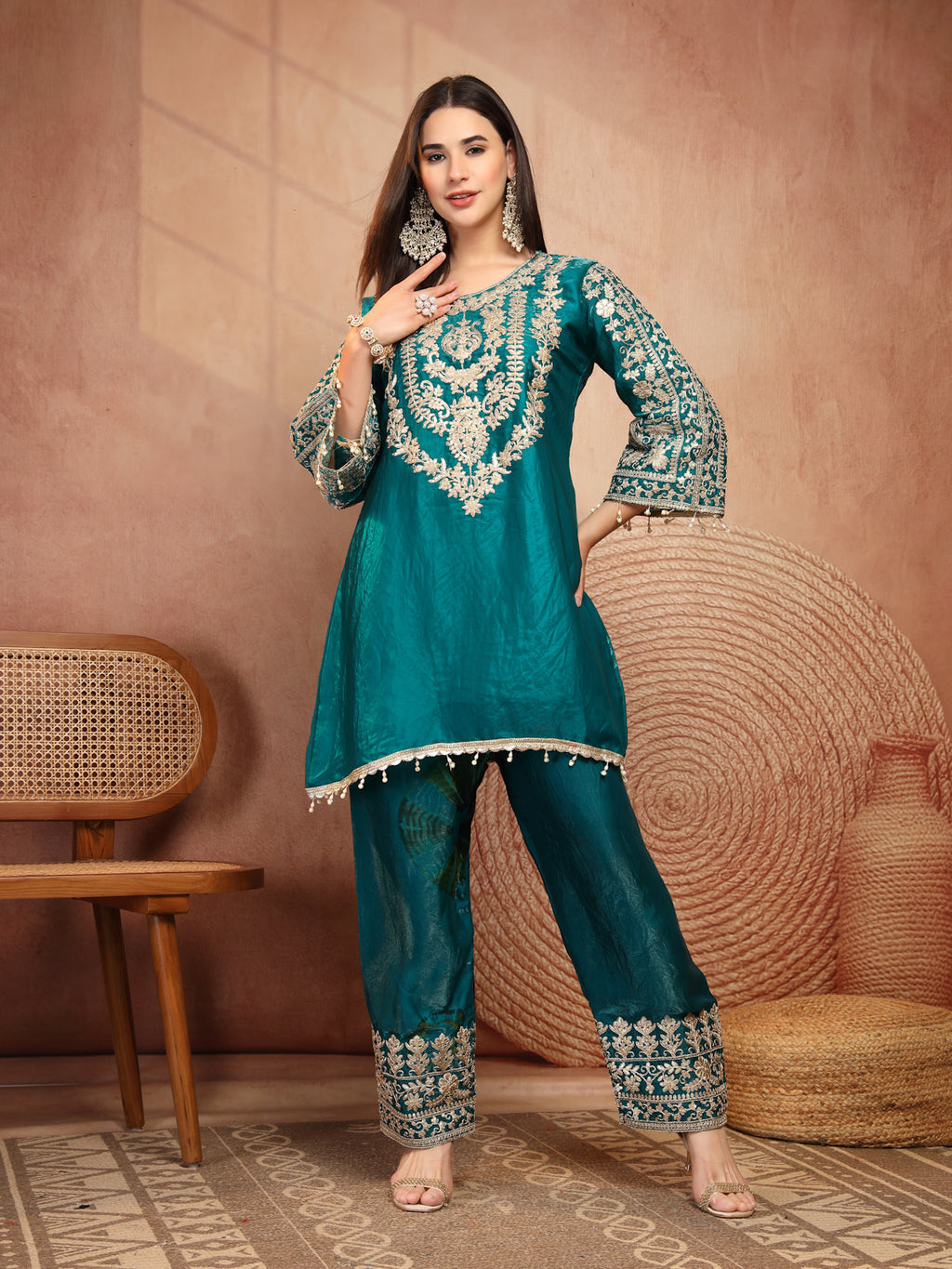 Teal Green Embroidered Silk 2-Piece Set