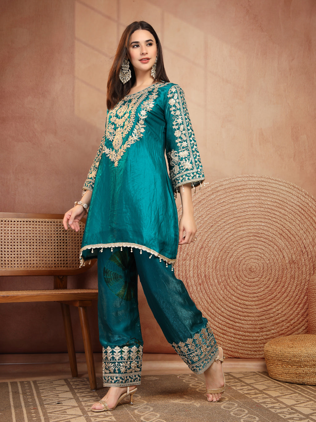 Teal Green Embroidered Silk 2-Piece Set