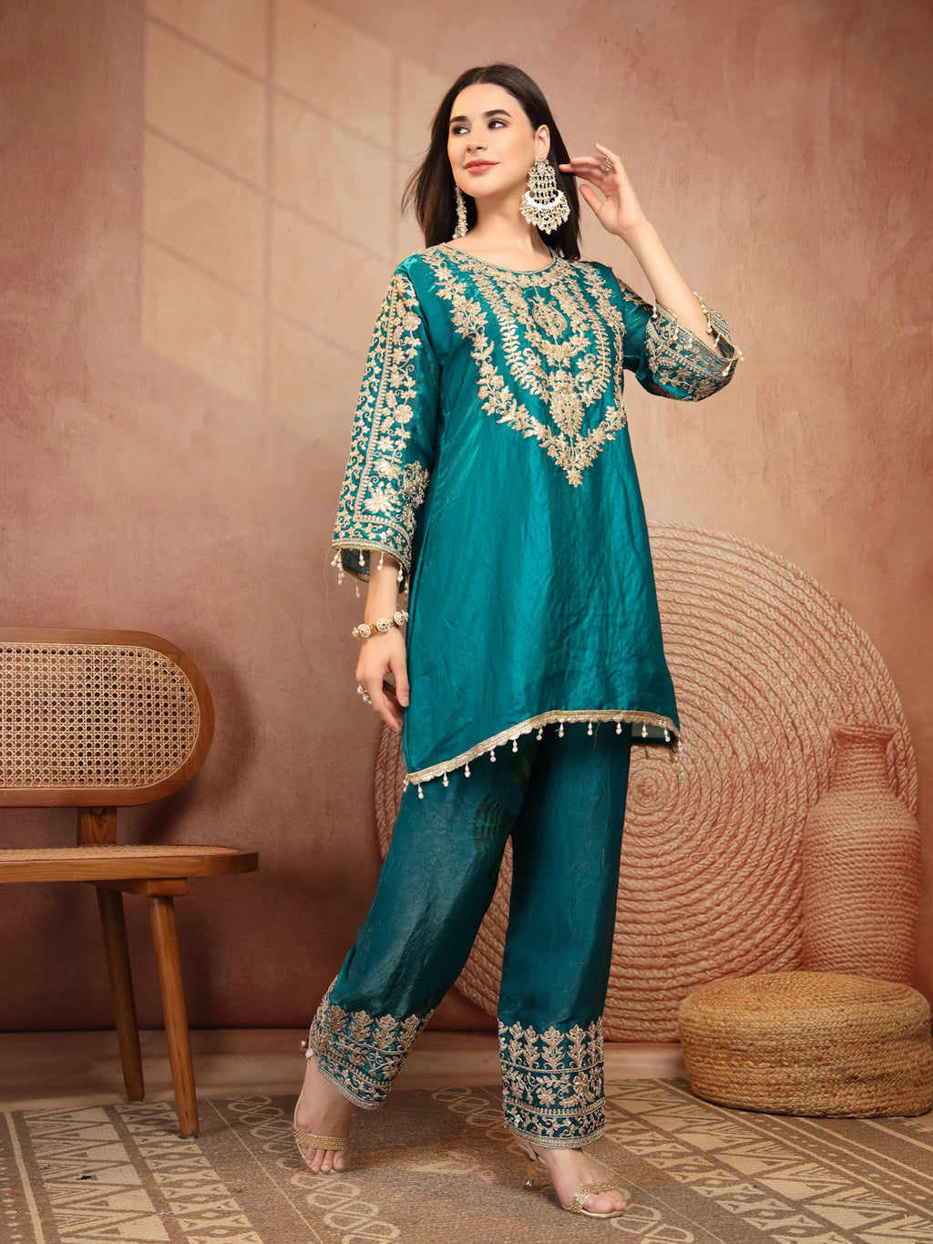 Teal Green Embroidered Silk 2-Piece Set