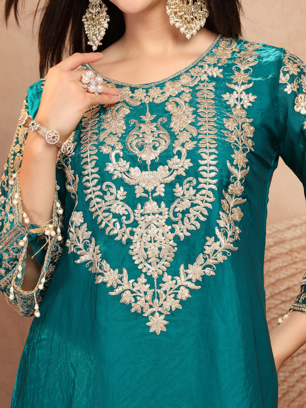 Teal Green Embroidered Silk 2-Piece Set