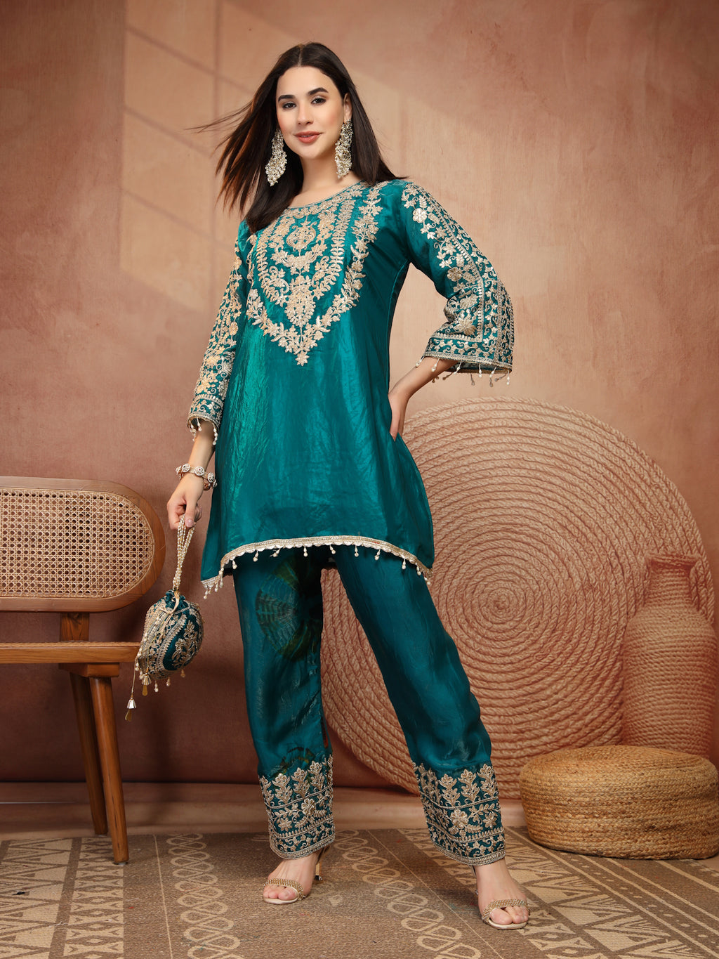 Teal Green Embroidered Silk 2-Piece Set