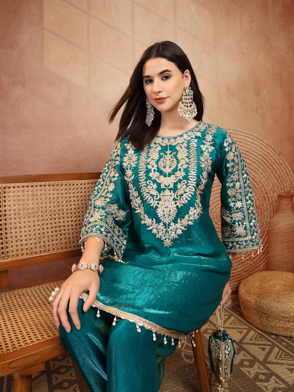 Teal Green Embroidered Silk 2-Piece Set