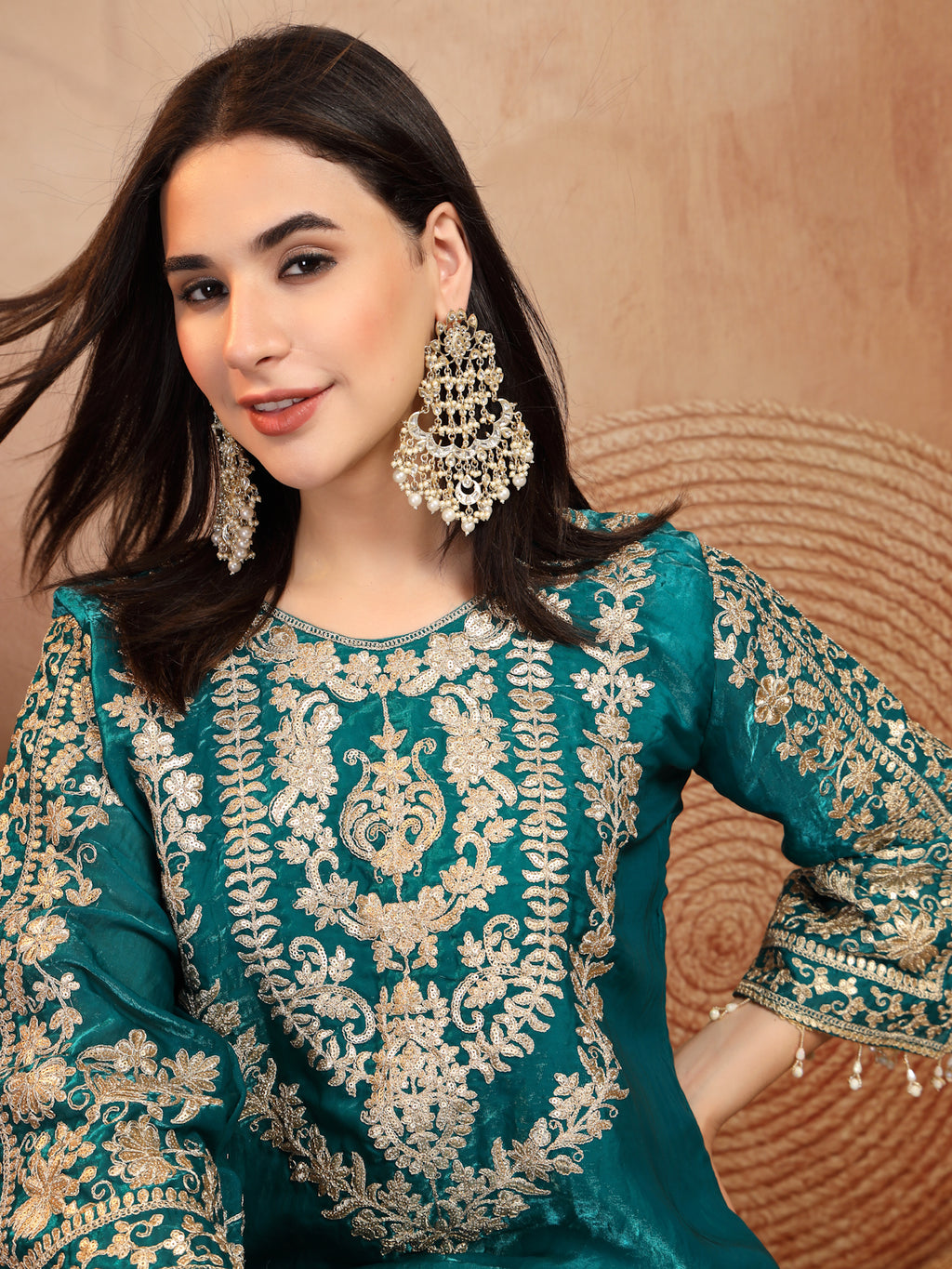 Teal Green Embroidered Silk 2-Piece Set