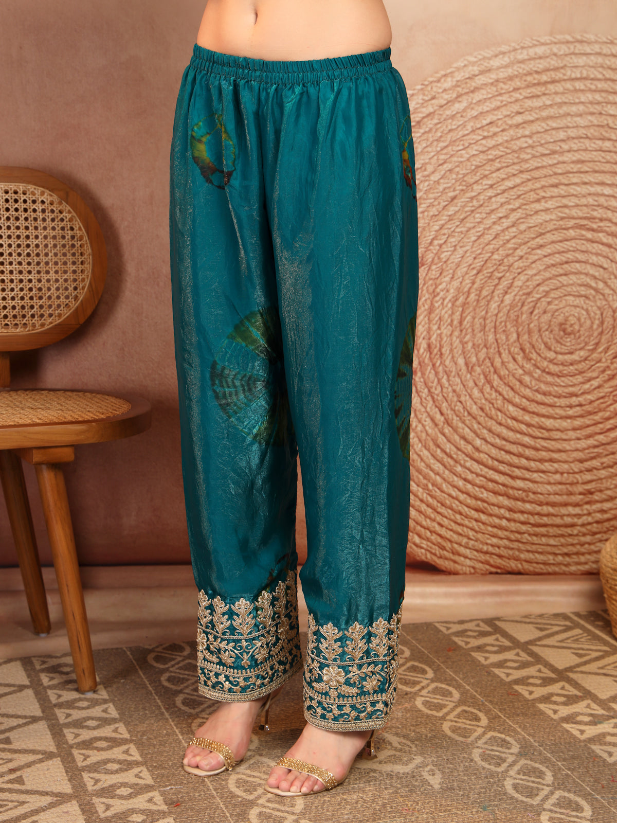 Teal Green Embroidered Silk 2-Piece Set