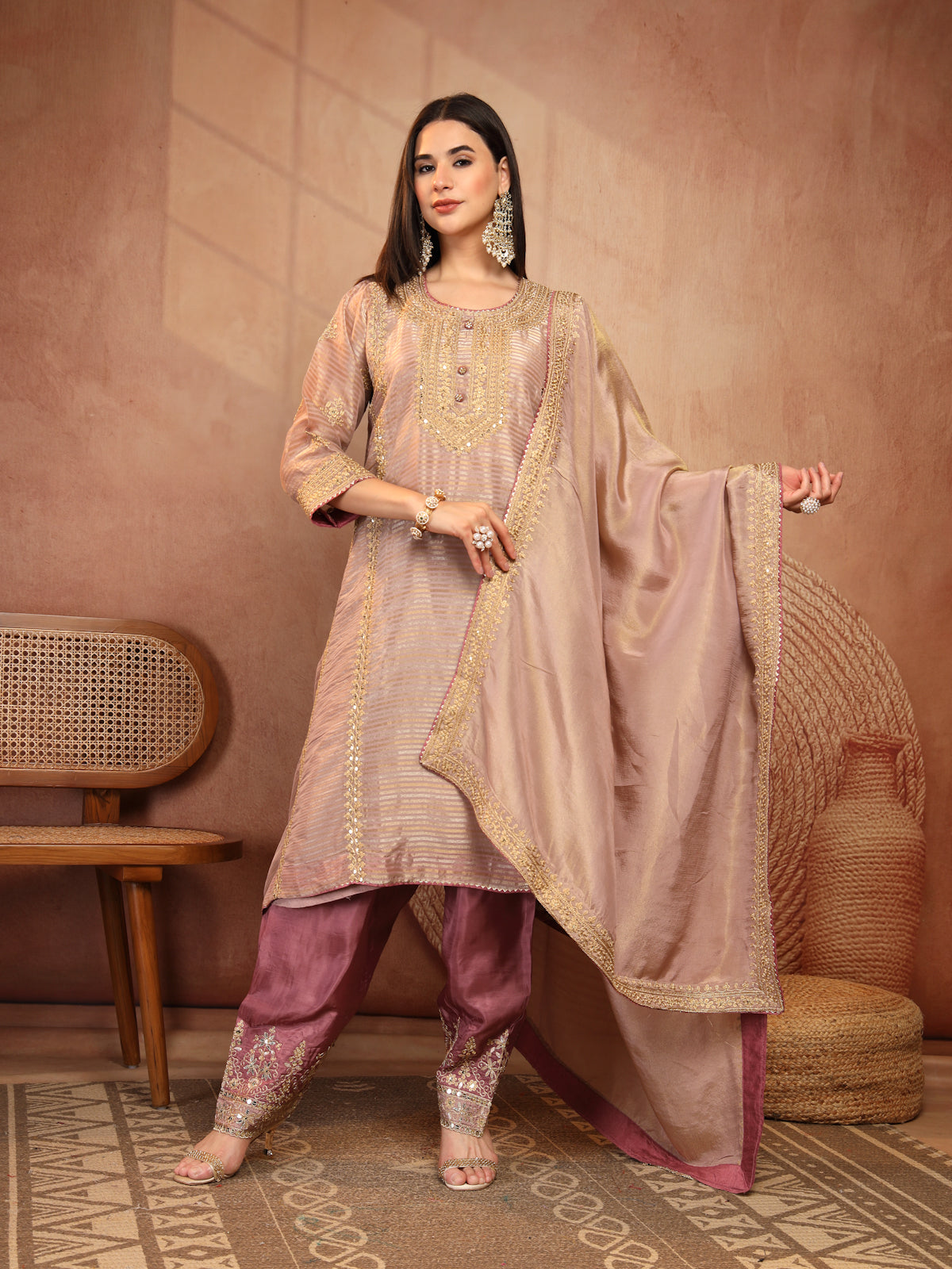 Mauve Embroidered Suit Set with Dupatta