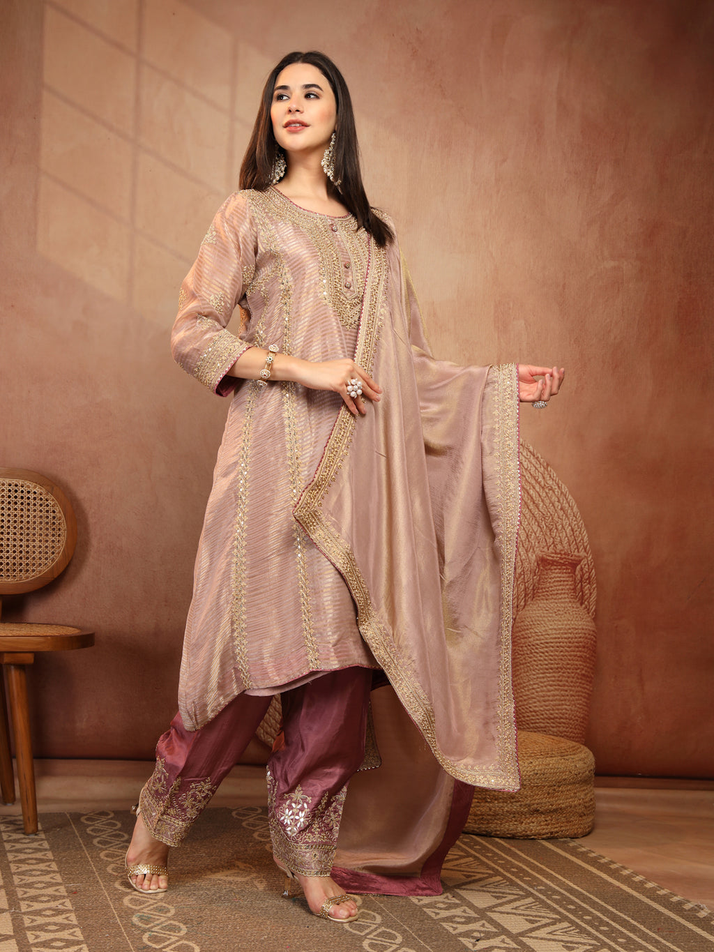 Mauve Embroidered Suit Set with Dupatta