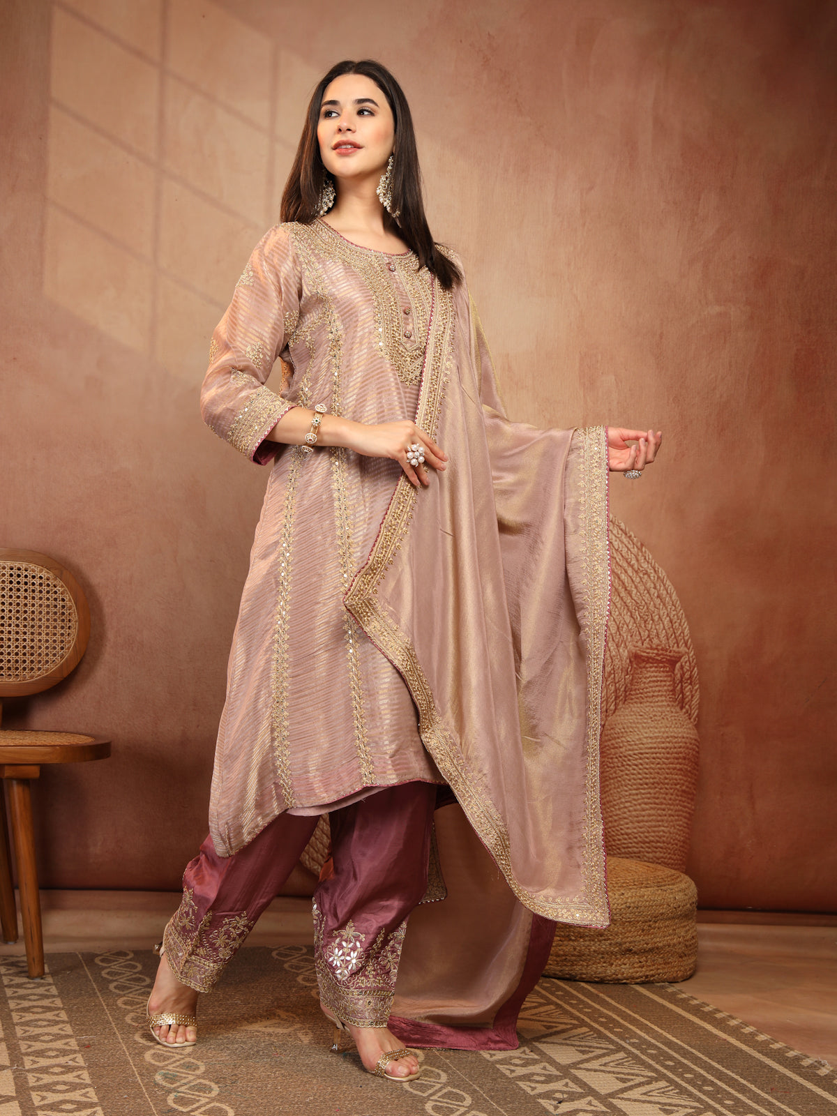 Mauve Embroidered Suit Set with Dupatta