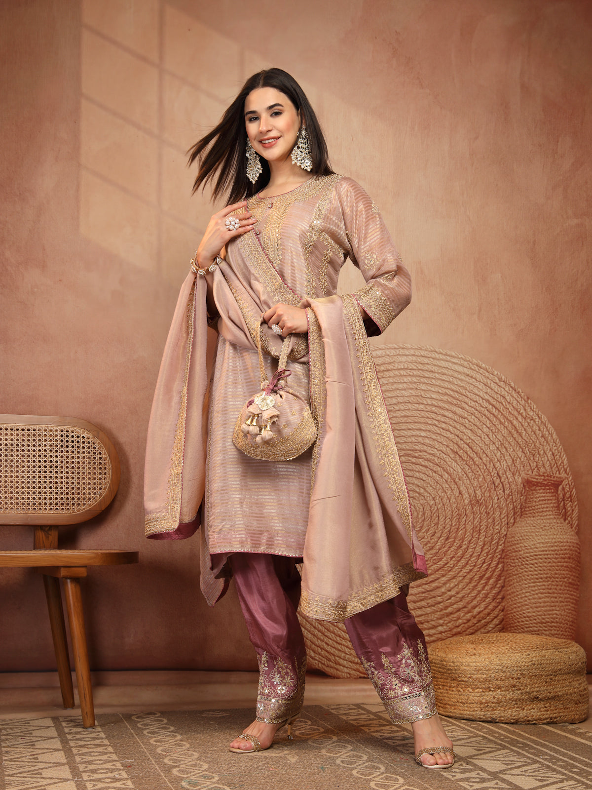 Mauve Embroidered Suit Set with Dupatta