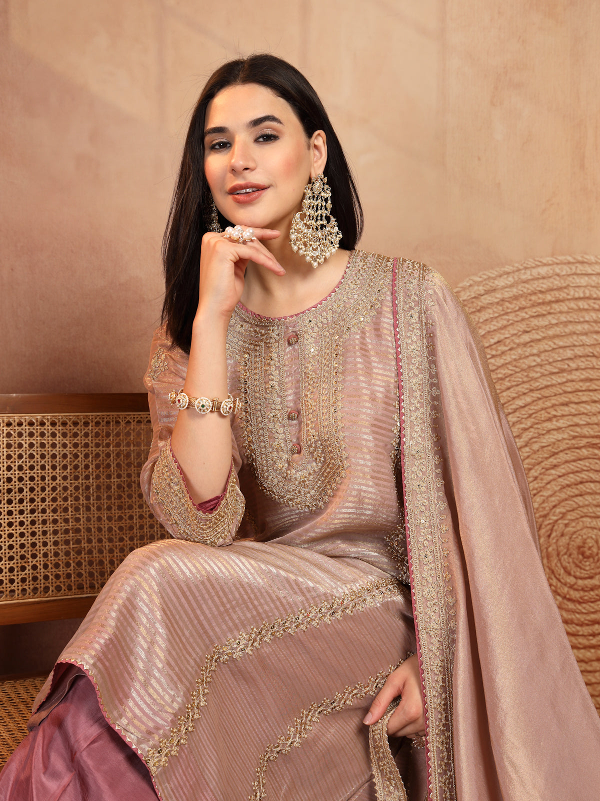 Mauve Embroidered Suit Set with Dupatta
