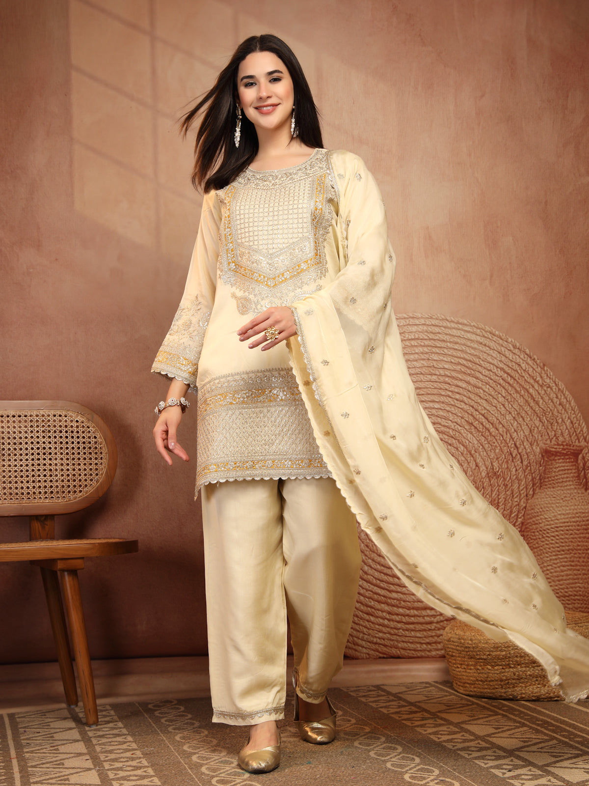 Ivory Gold Embellished Suit Set