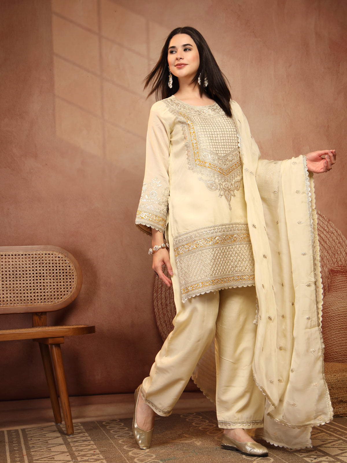 Ivory Gold Embellished Suit Set