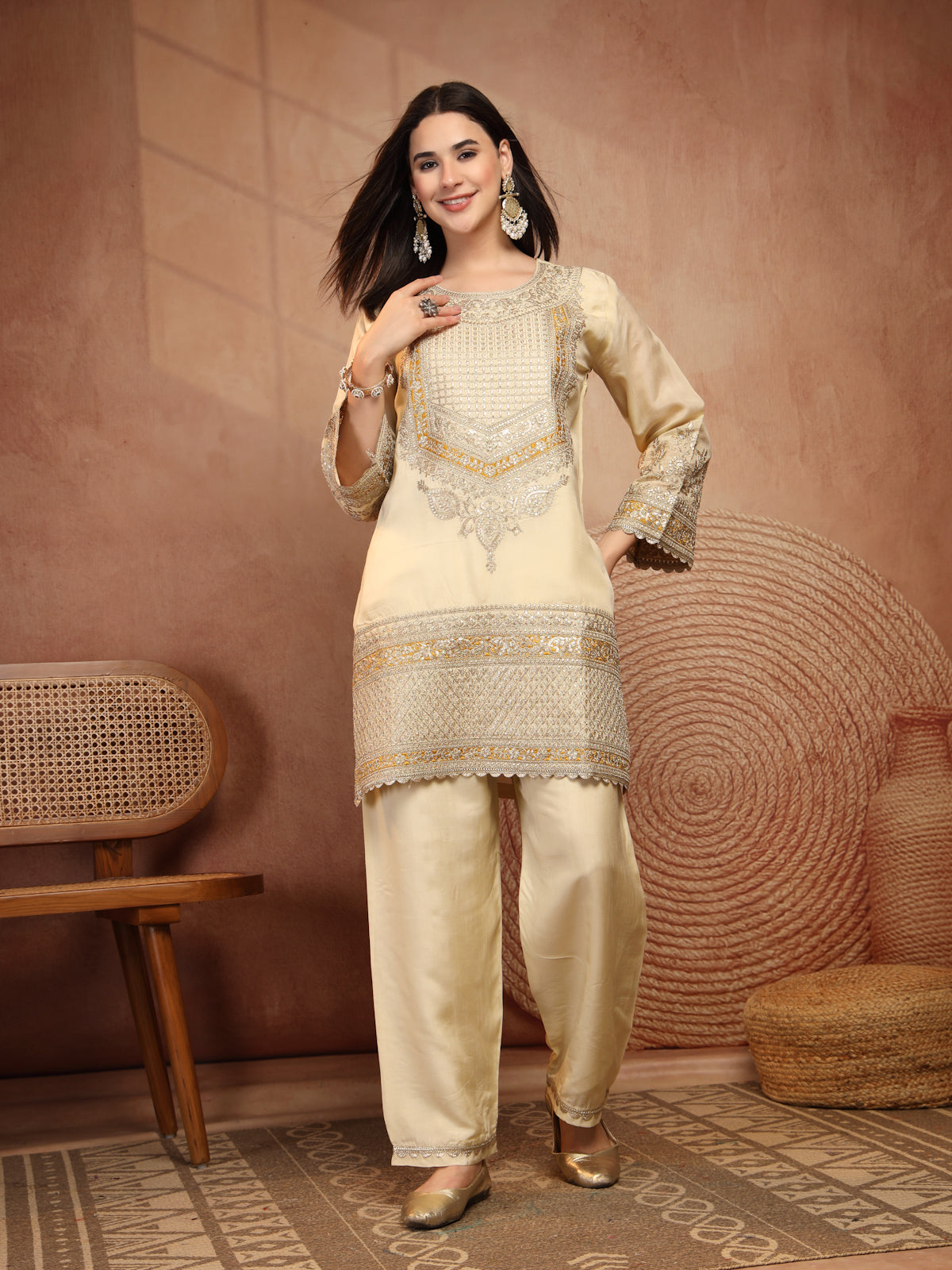 Ivory Gold Embellished Suit Set