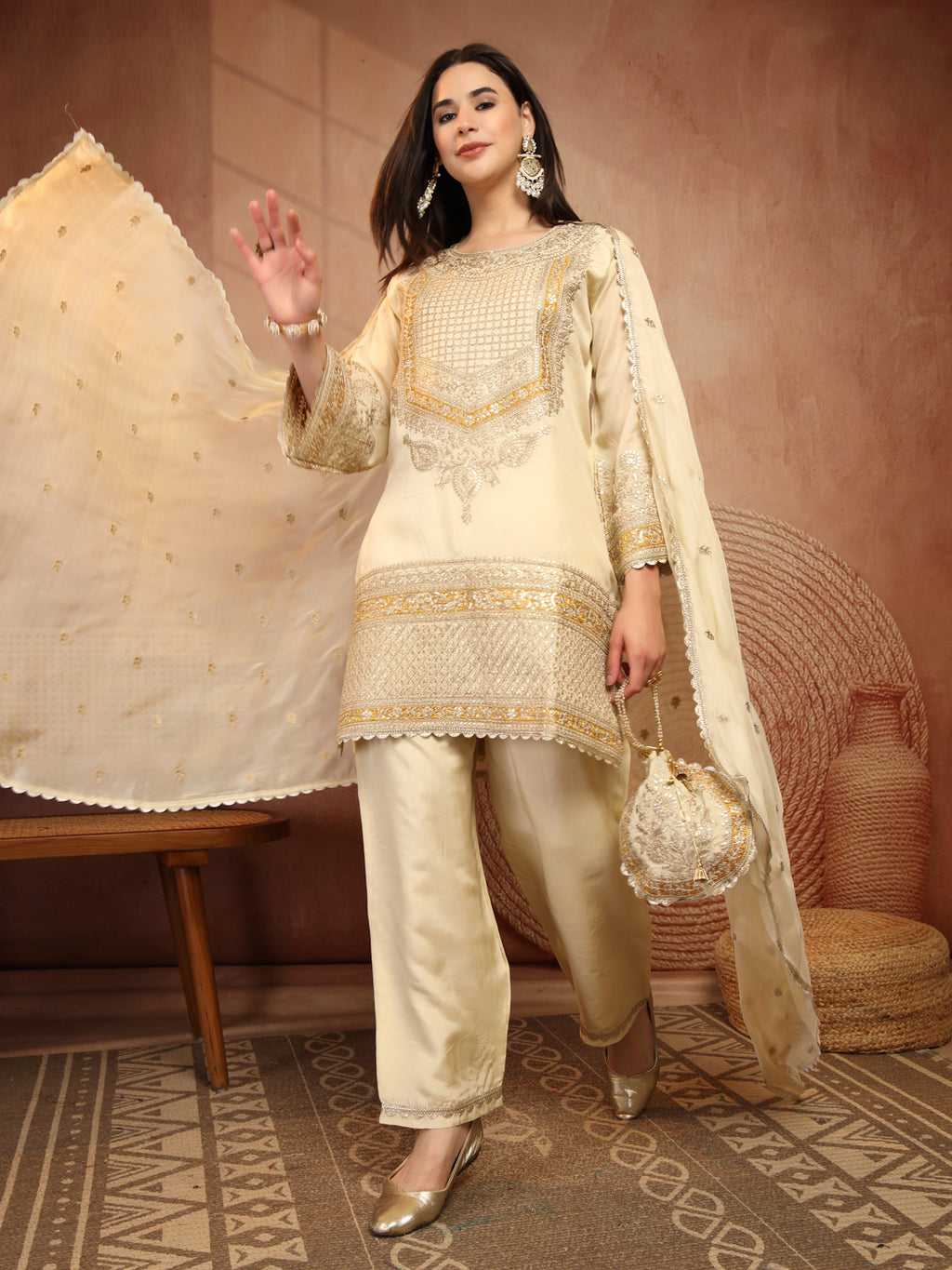 Ivory Gold Embellished Suit Set