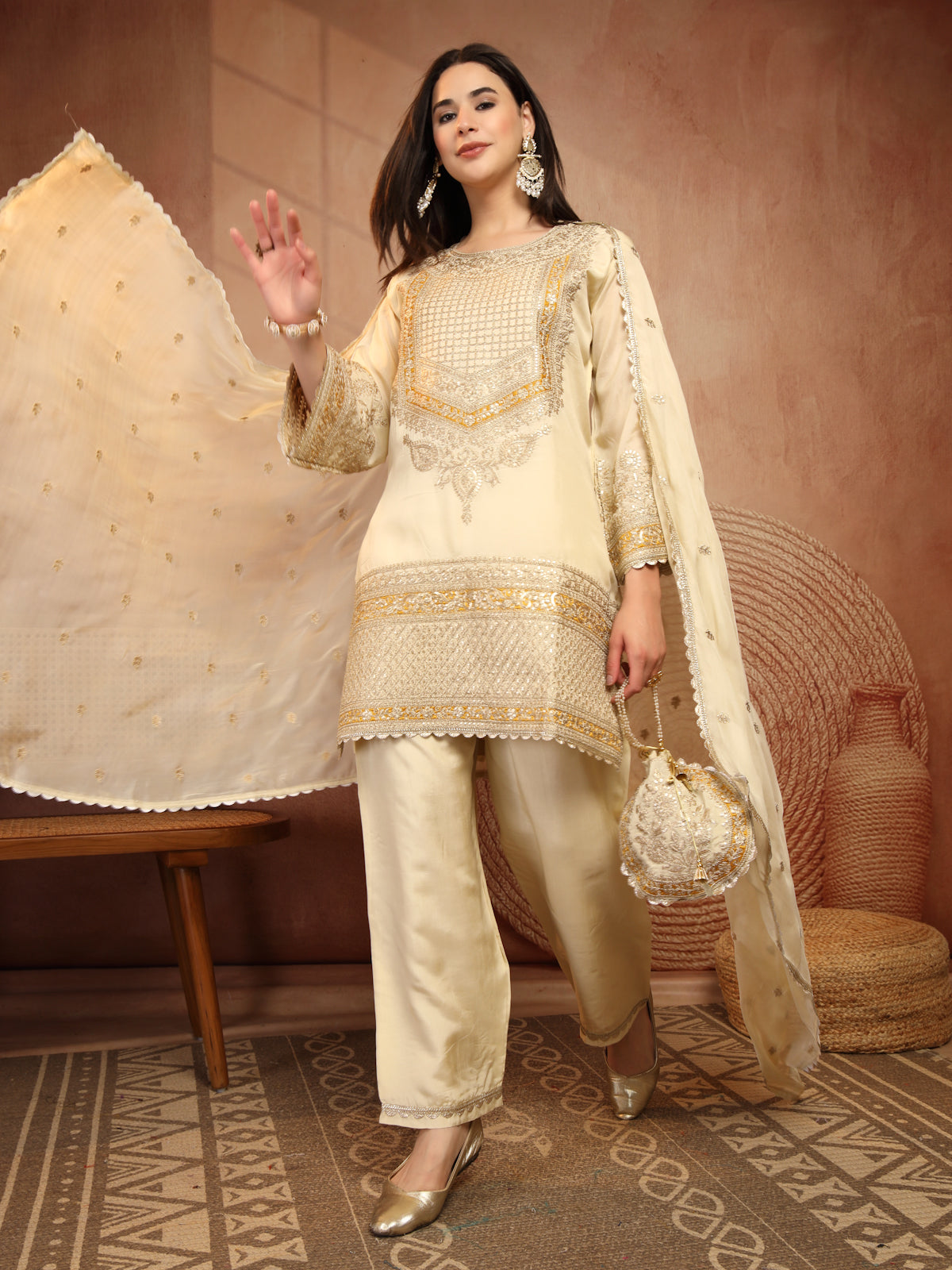 Ivory Gold Embellished Suit Set