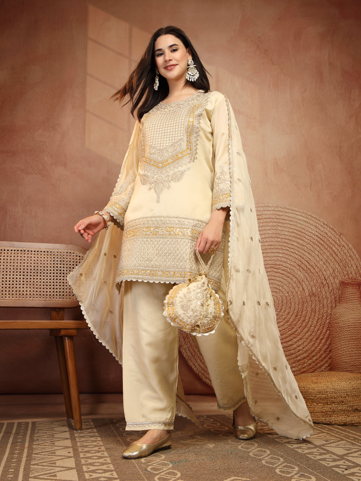 Ivory Gold Embellished Suit Set