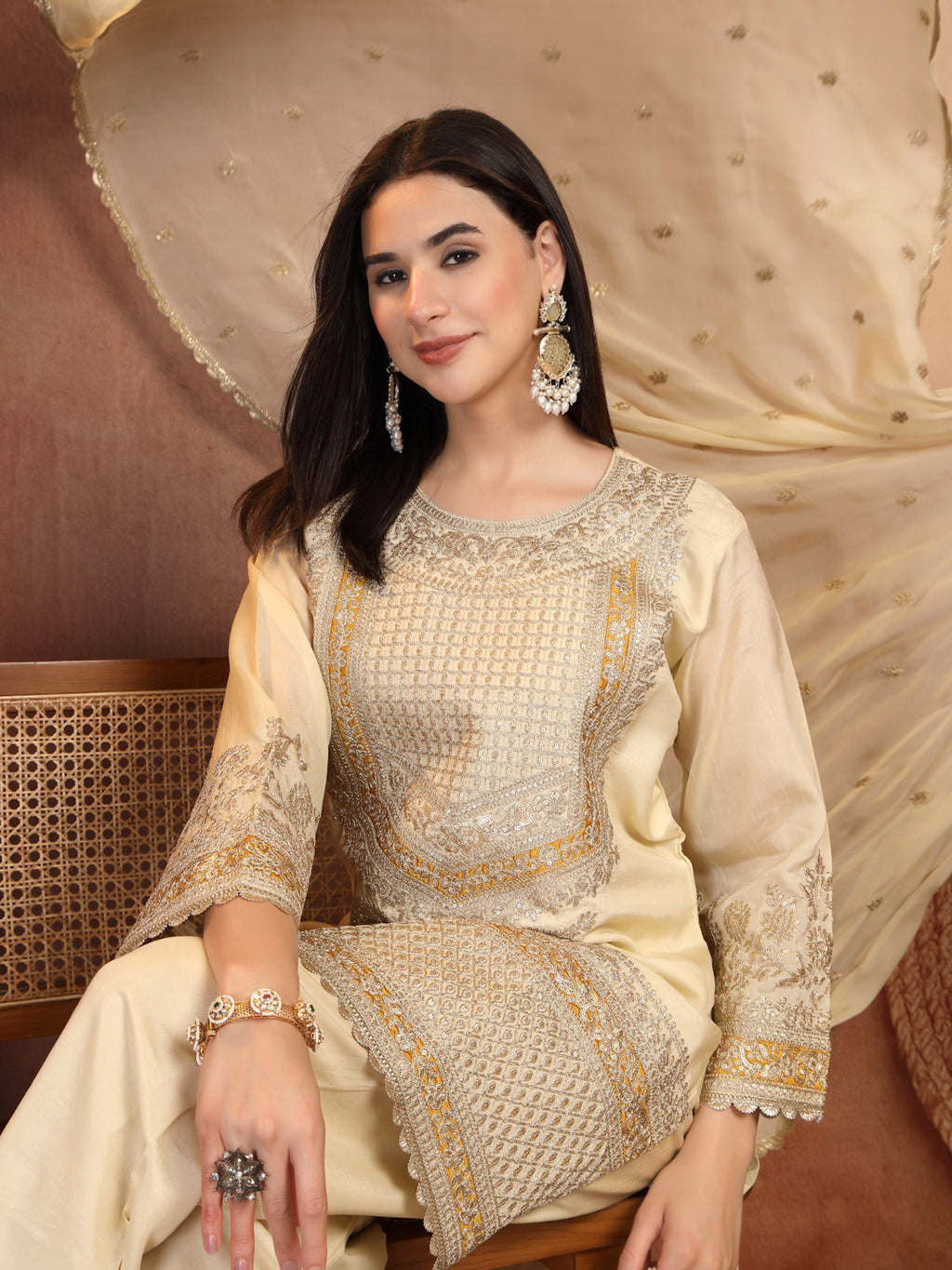Ivory Gold Embellished Suit Set